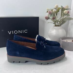 Vionic Finley Slip On Comfort Shoes Suede Loafers Blue Women 10 Wide NWB